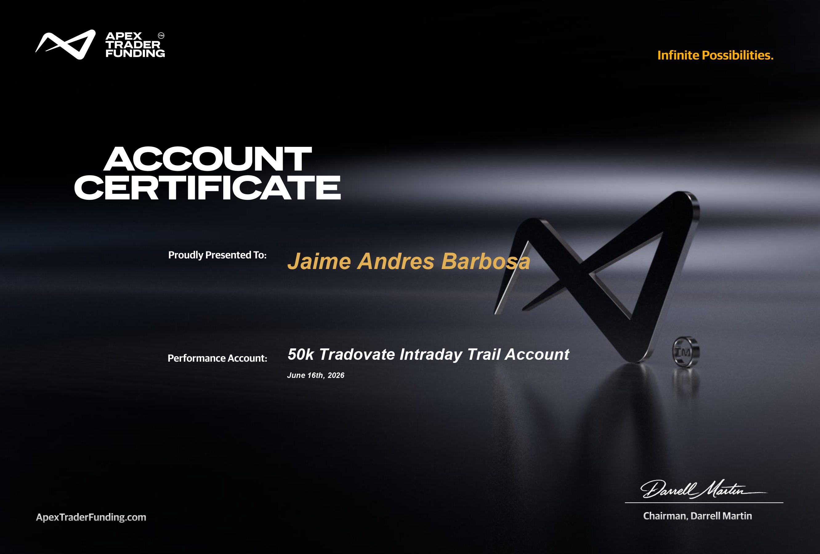 Certificado de cuenta fondeada - Jaime Andres Barbosa